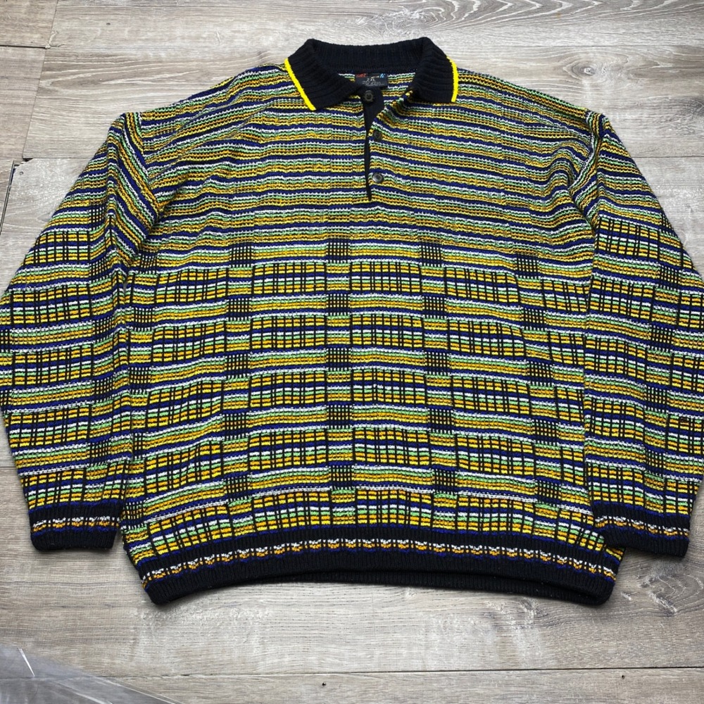 Bergati‎ Knit Polo Sweater Mens 2XL Acrylic Striped Vintage Coogi Style 90s
